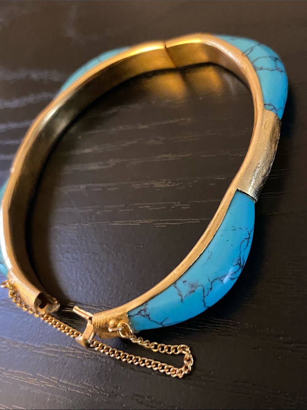 Vintage 60’s Faux Turquoise and Gold Tone Bangle Bracelet - Picture 4 of 7